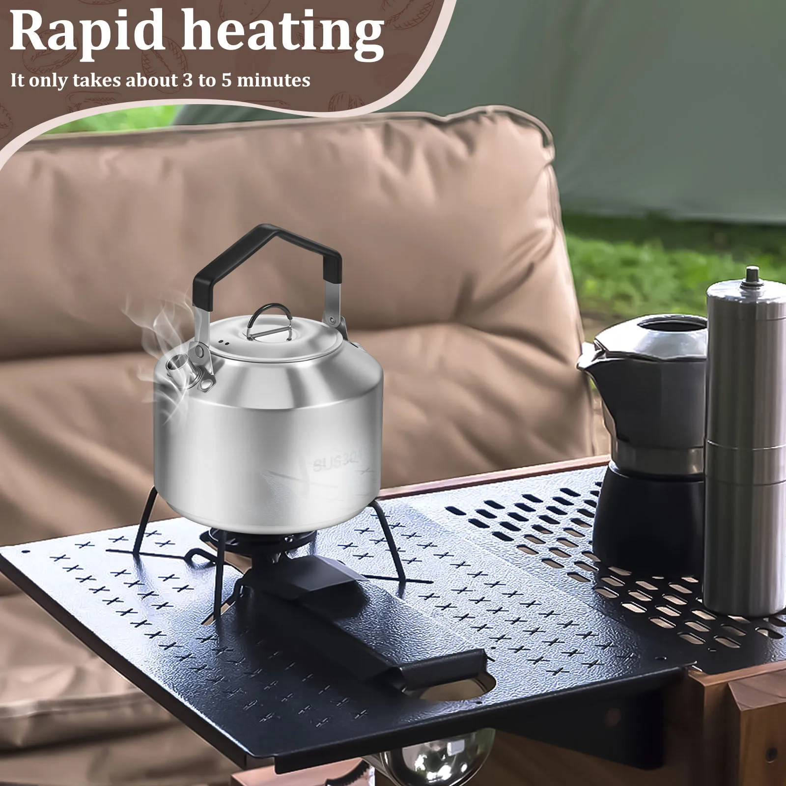 Bollitore da campeggio con manico antiscottatura Teiera da campo portatile in acciaio inossidabile per viaggi, attività all'aperto, teiera all'aperto