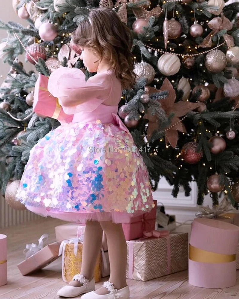 Robe de soirée Tutu à manches longues pour petites filles, tenue mignonne de fête pour anniversaire, paillettes scintillantes