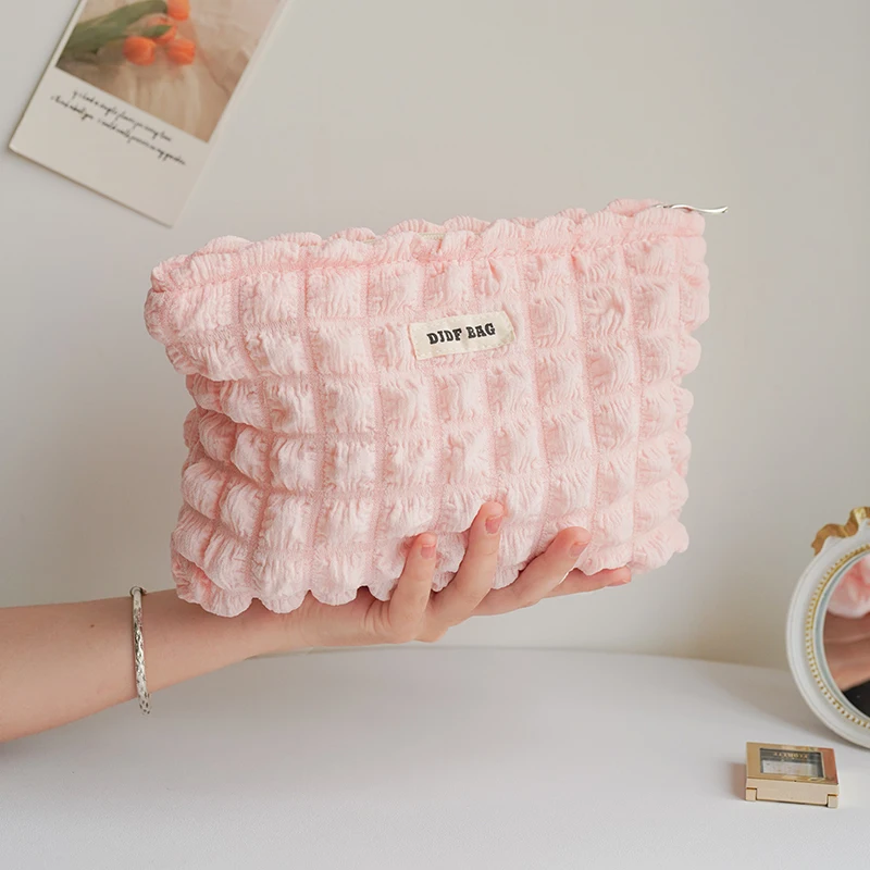 Pink Cloud Bubble Portable Women\'s Cosmetic Bag, Large Storage Bag, Travel Toiletry Bag, Canvas Double Liner Bag, Ins Style