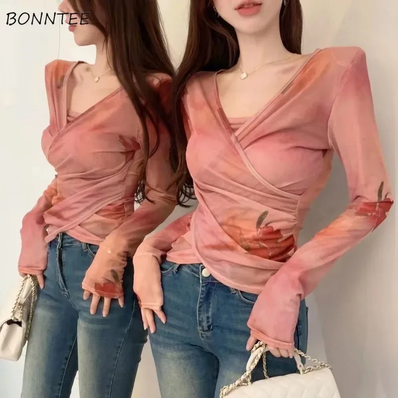 Long Sleeve T-shirts Women Summer Sweet Spicy Girls Floral Pleated Korean Style All-match Skinny Sunscreen Casual Streetwear