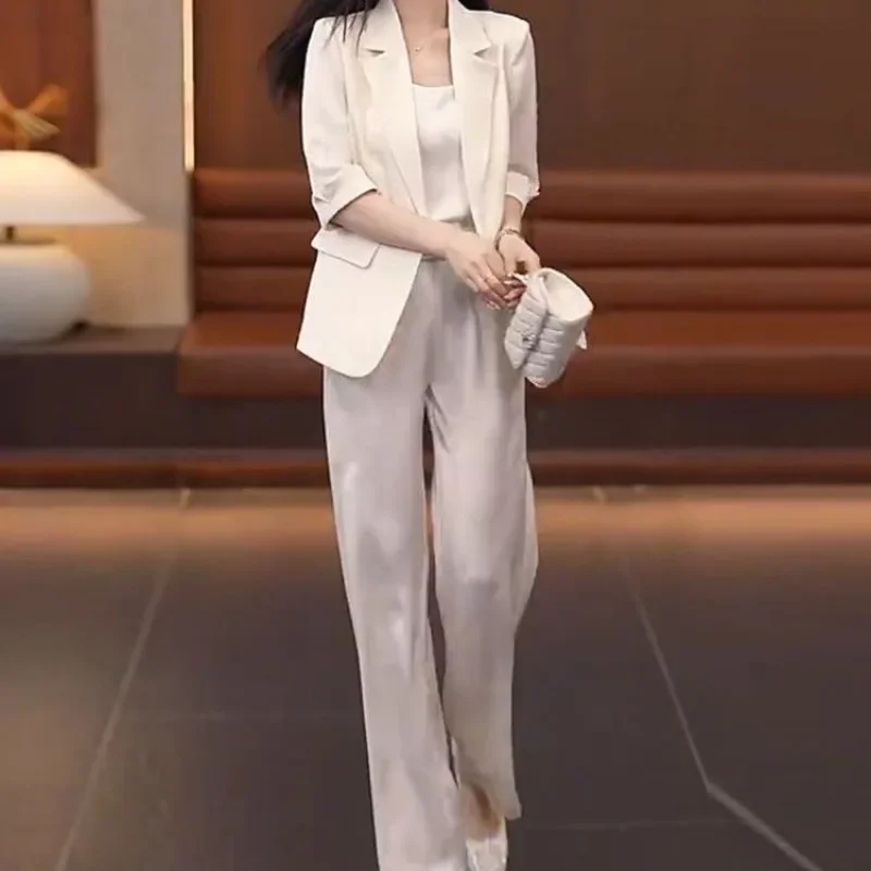 Apricot Wide Leg Women\'s Blazer and Pants Two Piece Set Summer 2024 Ladies Trouser Professional Wear To Work Office Suits Tailor