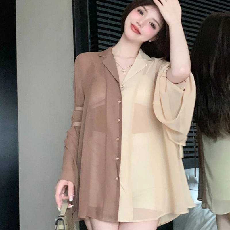 Patchwork Shirts Women Mesh Ladies Notched Clothing Summer Sheer Lace-up Fashion All-match Single Breasted Flare Sleeve Chic