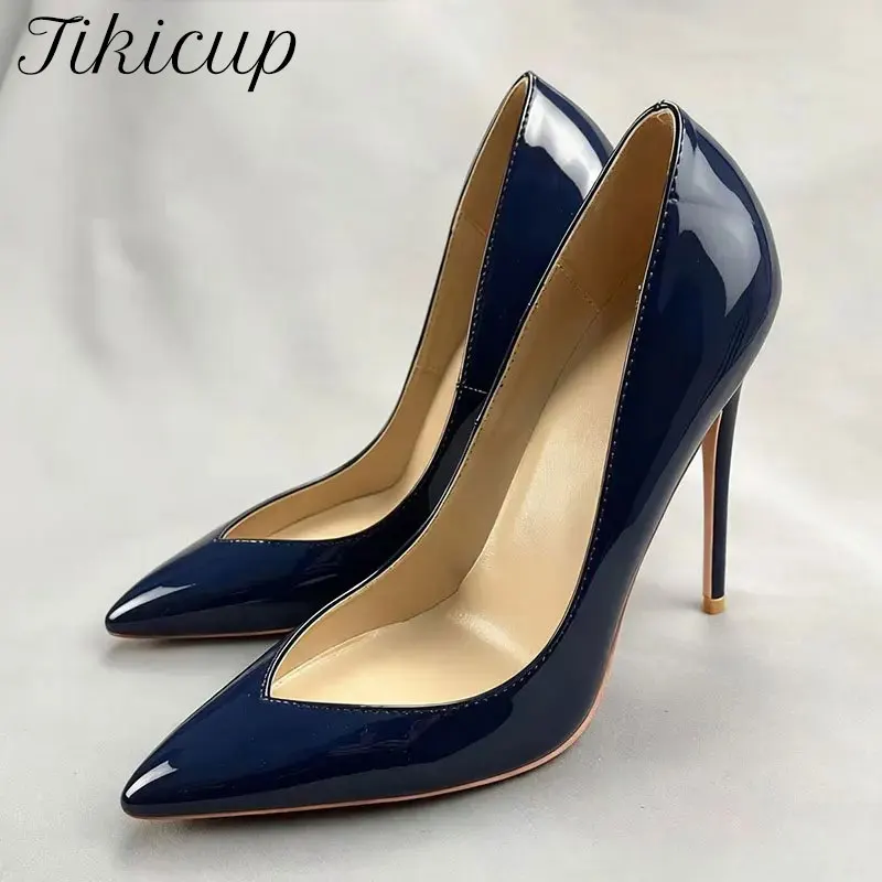 

Tikicup New Classic Navy Black Patent Pointed-Toe Super Thin High Heels Shallow Stiletto Pumps Elegant Party Evening Dress Shoes