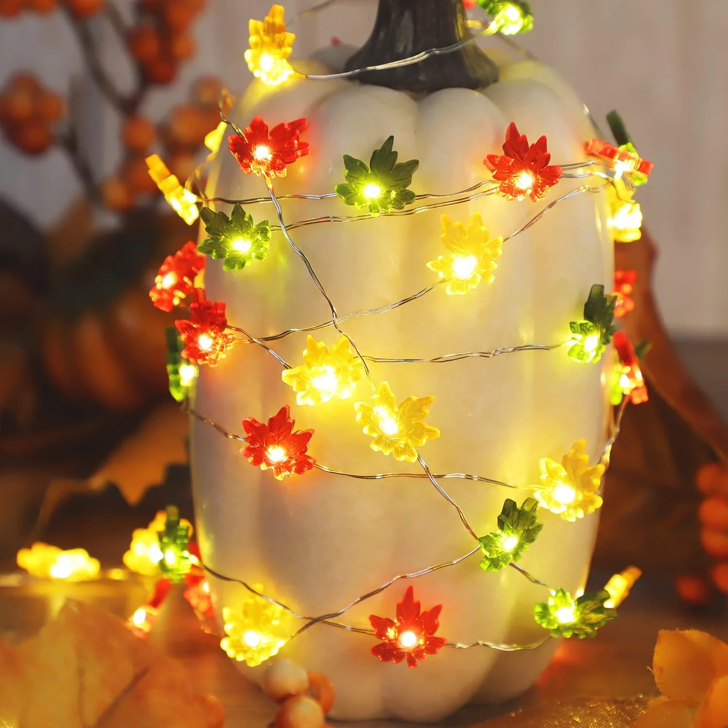 1PC 20/30 LED 3 Colors Maple Leaf Copper Wire String Lights Battery Powered Flexible Fairy Lamp For Halloween Party Indoor Decor