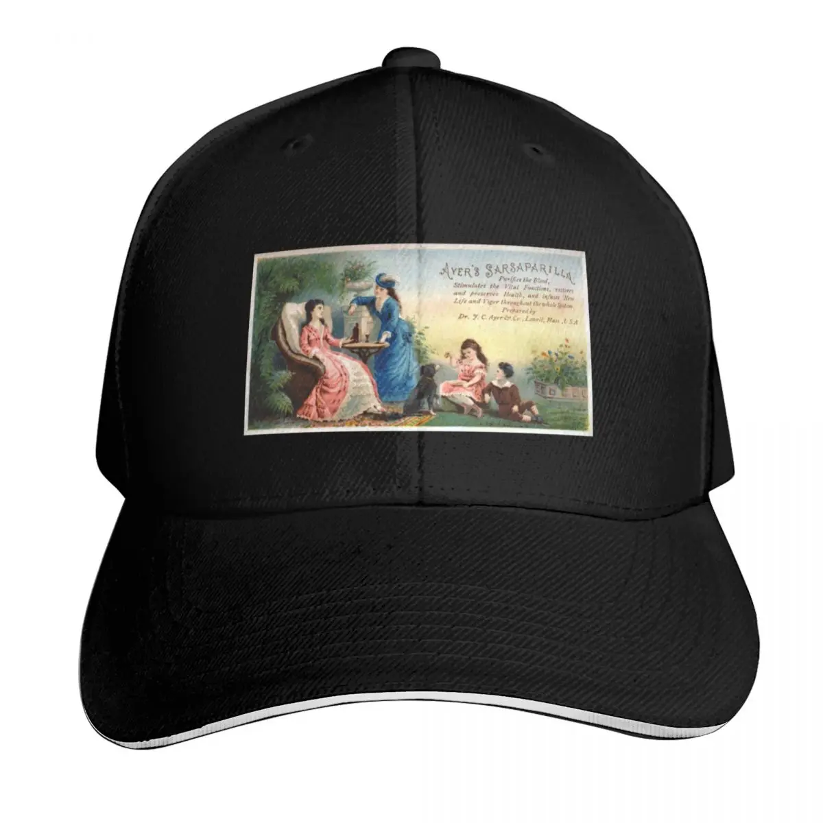 Vintage Quack Medicine Advertisement, Ayer's Sarsaparilla, Pretty Women, Children Playing With Dog Baseball Cap