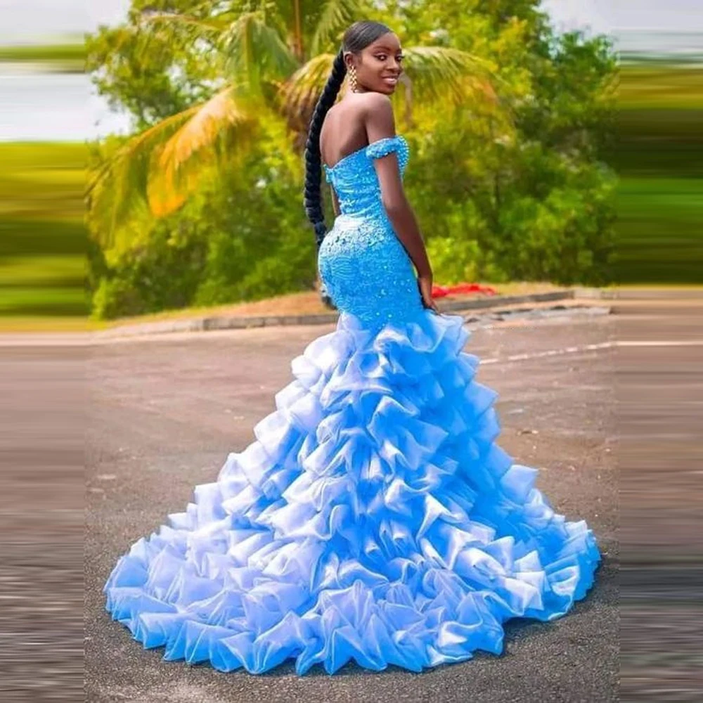 Sky Blue Mermaid Prom Dresses Off The Shoulder Tiered Ruffles Sequins vestidos de noche Aso Ebi Evening Gowns Custom Made