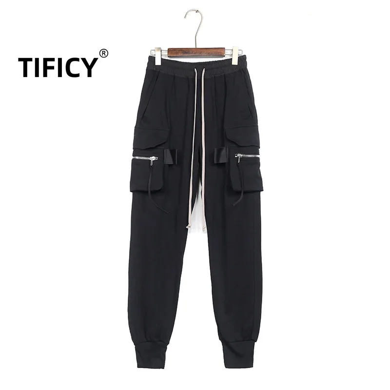 

Dark RO Black High Street Multi Pocket Work Fashion Men's Elastic Waist Shell Pants Leg Binding Pants Slim Casual Pants