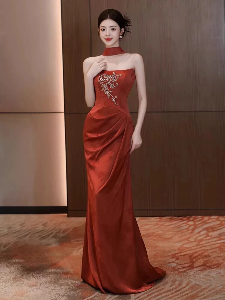 

Morning Robe Bridal Gown Women's Chinese Sle Off-oulder High-End Wedding Dr Fi Tail Engagement Evening Gown Skirt