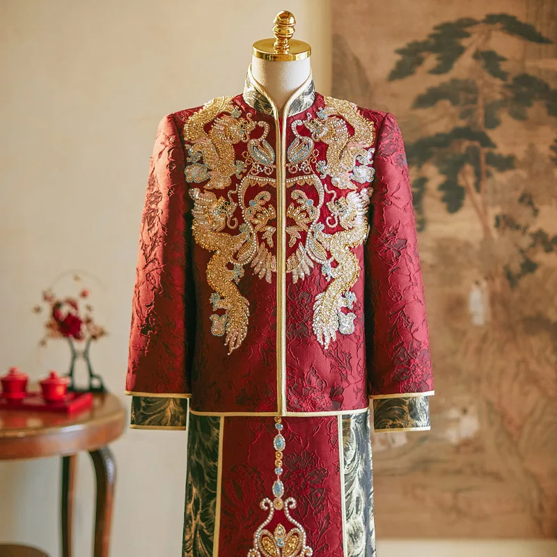 

Новинка 2025, костюм Xiuhe, мужская одежда с вышивкой дракона Тан, мужской свадебный костюм жениха, мужской топ, юбка, куртка Ципао, наряд для тостов