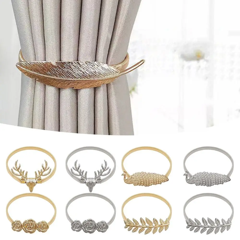 Elk Feather Curtain Tieback Leaf Peacock Peony Elastically Curtains Tie Backs Fashion Curtain Rope Holder Hooks Binding Strap