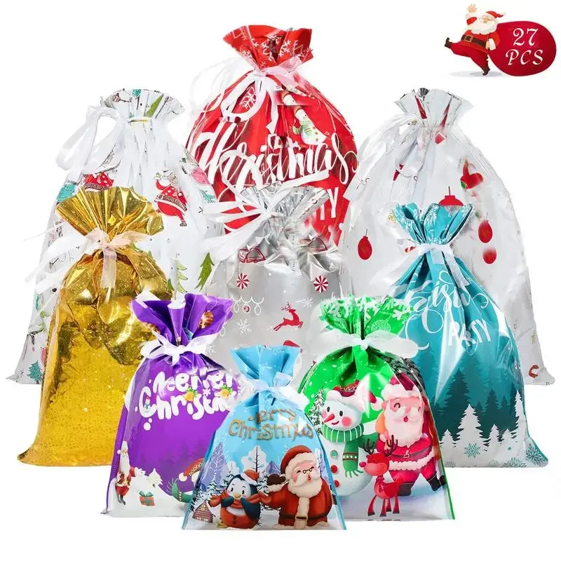 Christmas Wrapping Bags 27 Pieces - Foil Wrapped Santa Bags Gift Bags with Ribbons, Ties 4 sizes and 9 designs