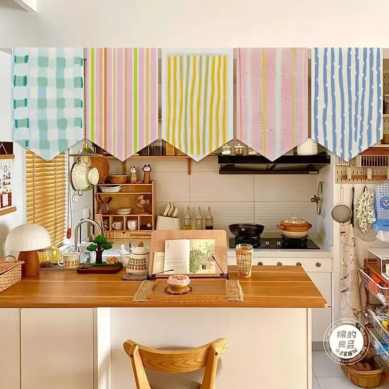 VIKAMA Geometric Checkered Triangle Flag Curtain Korean Style Macaron Curtain for Pastry Shop Kitchen Home Decor