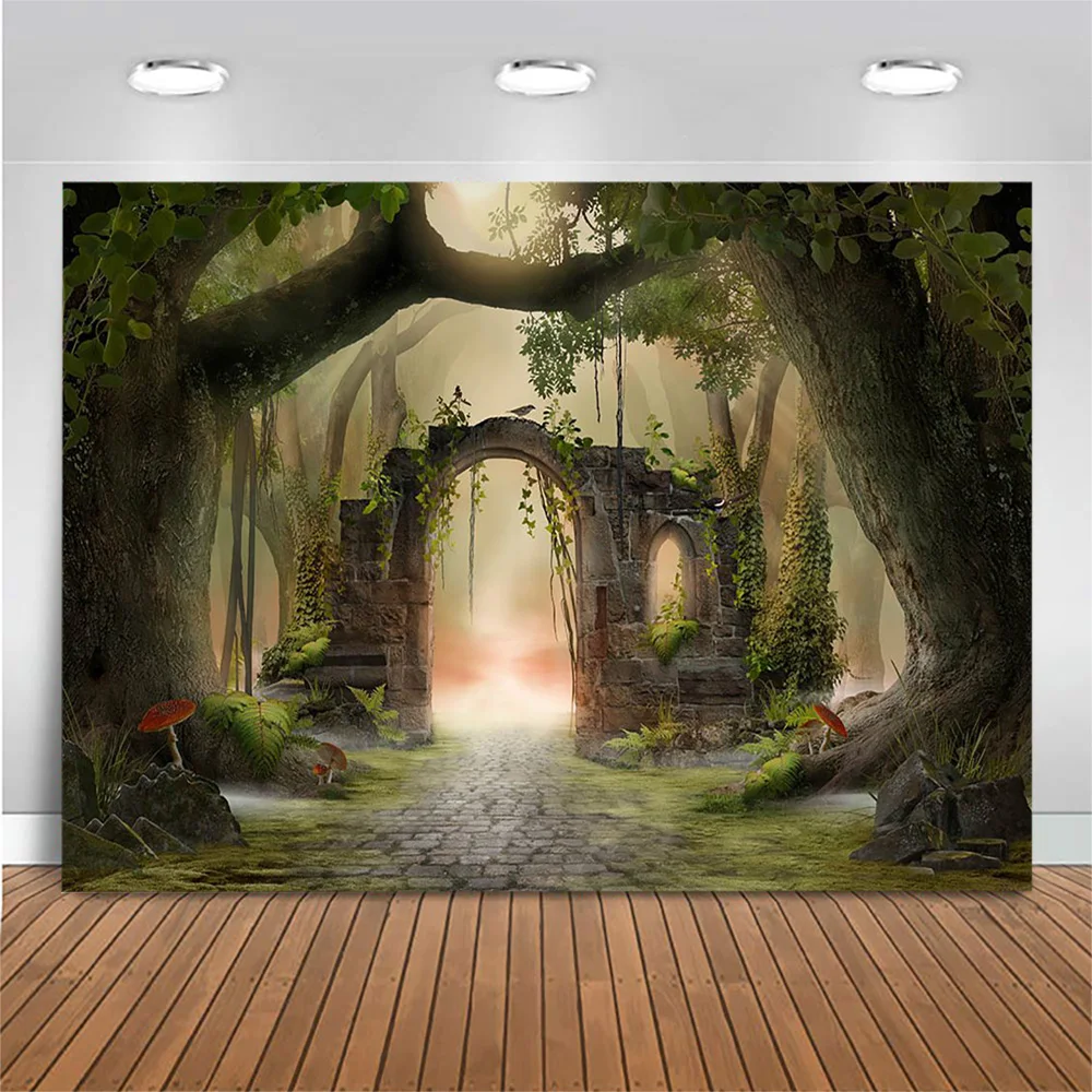 Mocsicka Green Wonderland Spring Newborn Photography Props Ancient Tree Arch Door Fairy World Background Studio Photoshoot Props