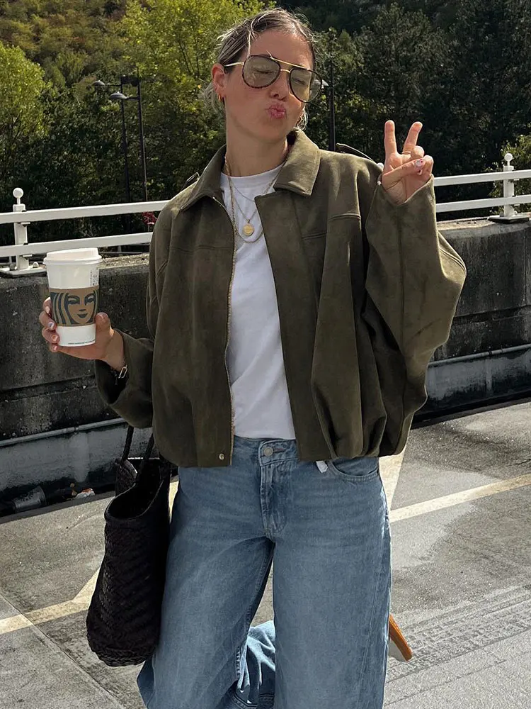 

HH Women Fashion Vintage Solid Suede Coat Lapel Zipper Long Sleeve Bomber Jacket Spring Female Casual Loose Oversize Outerwear