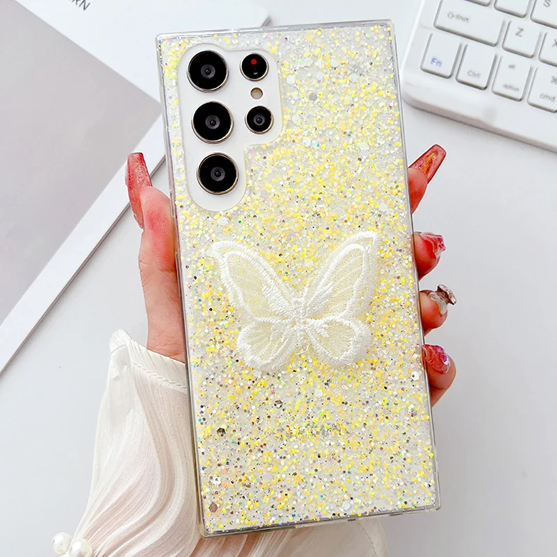 Luxury Glitter Butterfly Quakeproof Case For Samsung Galaxy S24 Ultra S23 FE S22 S21 S20 Plus A13 A14 A15 A35 A55 A54 A34 A33