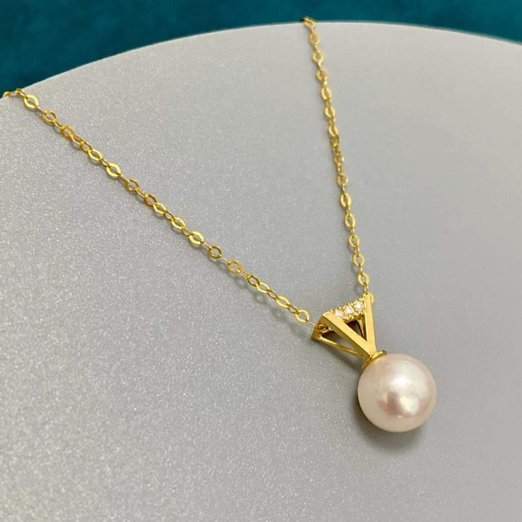 DSHIJOJ Genuine 18K Gold Women Pendant Necklace 7-8mm AAA Freshwater Pearl Inlay Natural White Perfectly Round