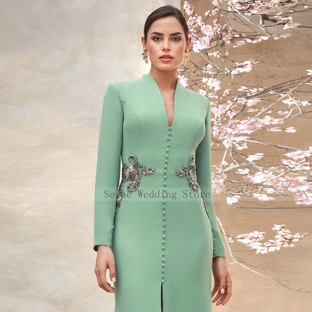 Customized Mother of the Bride/Groom Dress Mint V Neck Long Sleeves Wedding Guest Gowns for Women Applique Mermaid Formal Dress