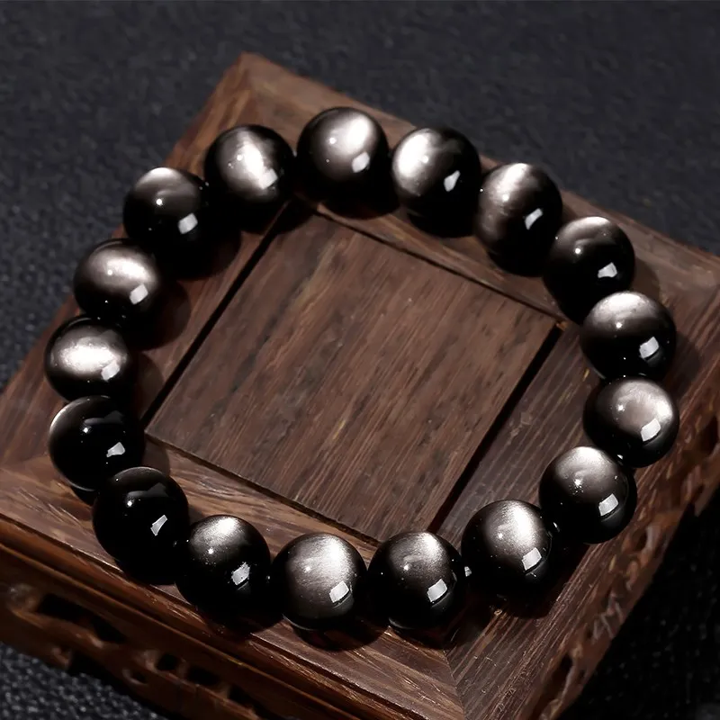 JD 8A Quality Natural Silver Color Irisation Obsidian Strand Bracelets Women Men Energy Balance Flash Bangles Stretch Jewelry