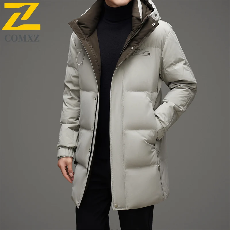 COMXZ New Men Long Down Jacket Hooded Casual Working Warm Puffer Coat High Quality Outdoor Windproof Warm Winter Mens Clothing