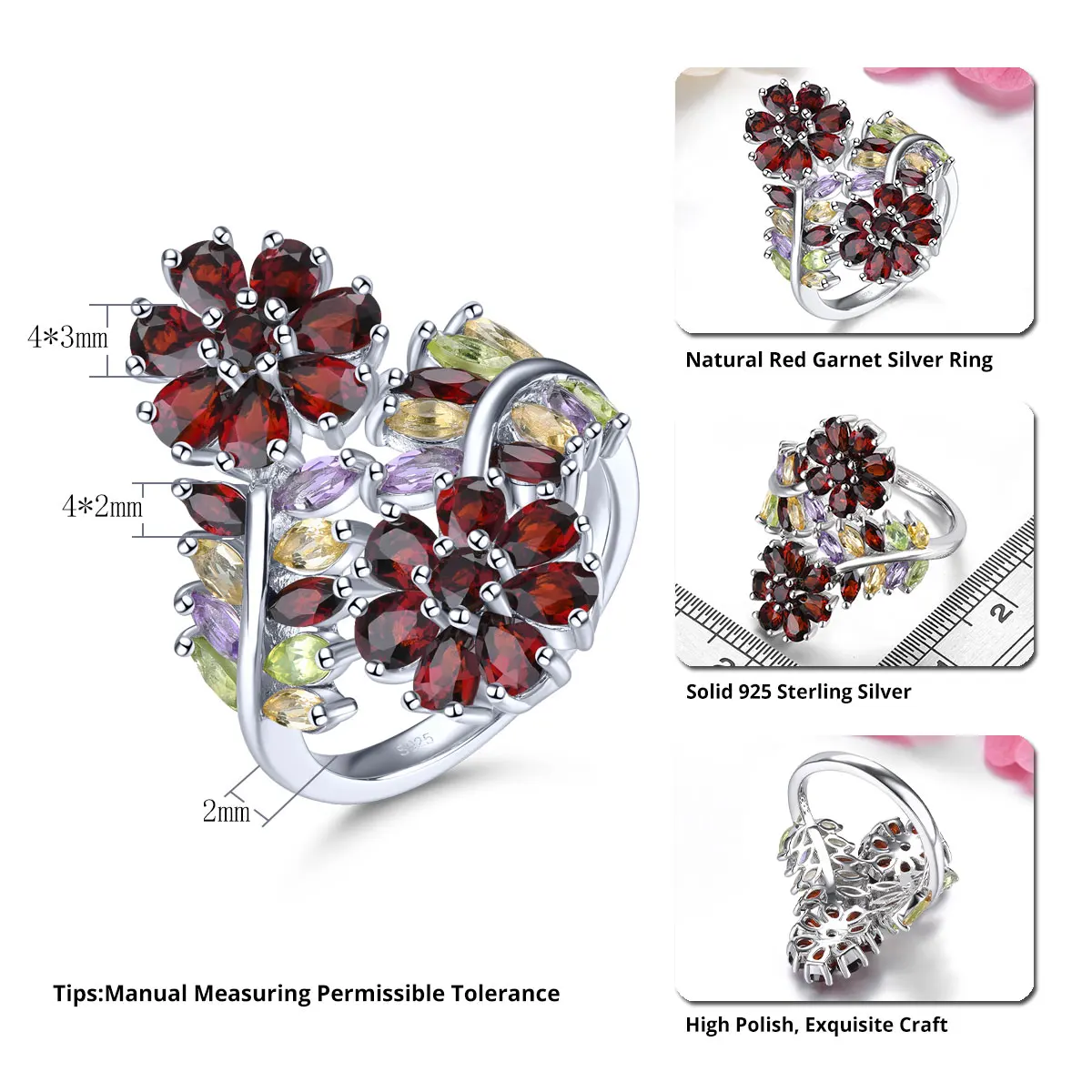 Natural Red Garnet Sterling Silver Rings 4.5 Carats Genuine Multicolor Gemstone Women Gorgerous Fine Jewelrys Anniversary Gifts