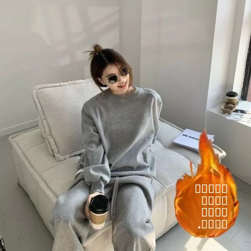 

Модный спортивный костюм с флисовой подкладкой, повседневная удобная женская одежда, пуловер с длинными рукавами и круглым вырезом, комплект из двух предметов