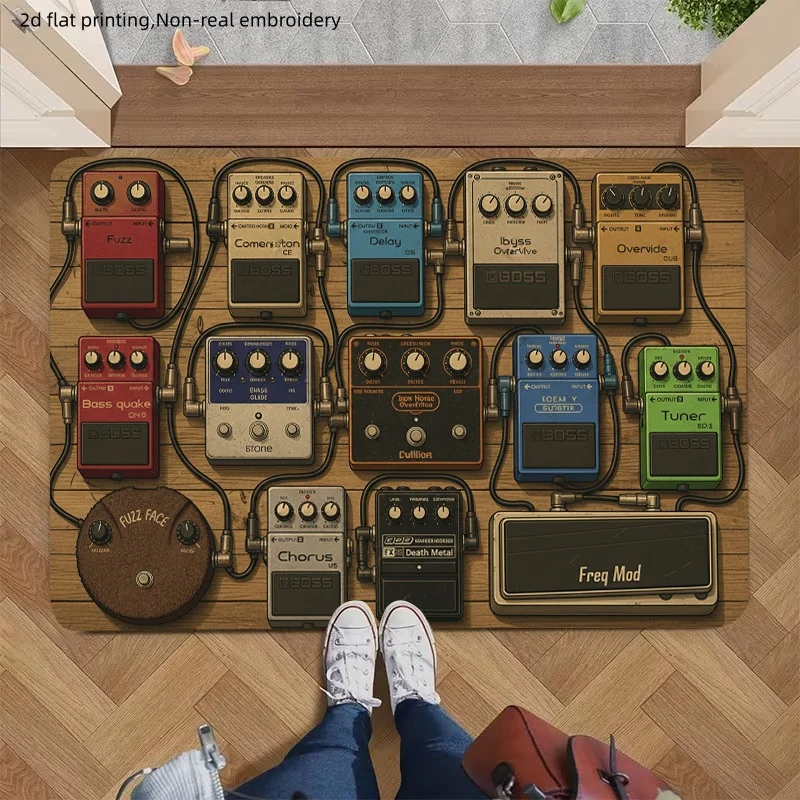 1pc Retro Guitar‑Pedal Music Print Welcome Doormat, Non‑Slip Washable Floor Mat for Entryway, Bedroom, Balcony, Home & Outdoor