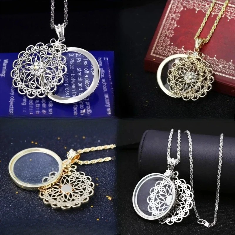 3x Special Design Necklace Magnifier Vintage Chain Magnifying Glass Necklace Pendant Gift Metal Antique Loupe Helping Hands