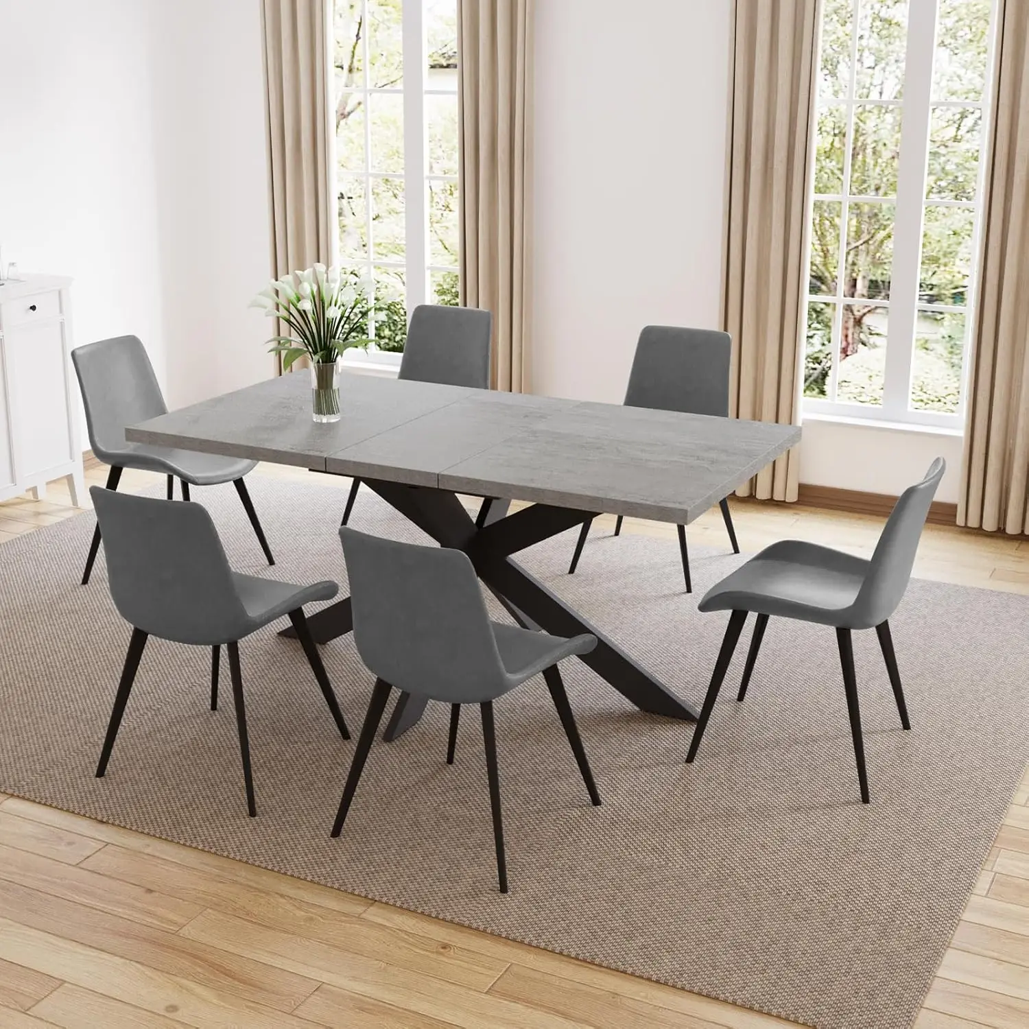 Dining Table Set for 6, Modern Dark Wood Dining Table and Fabric Dining Chairs Set of 6,for Kitchen Room Frame Easy Assembly