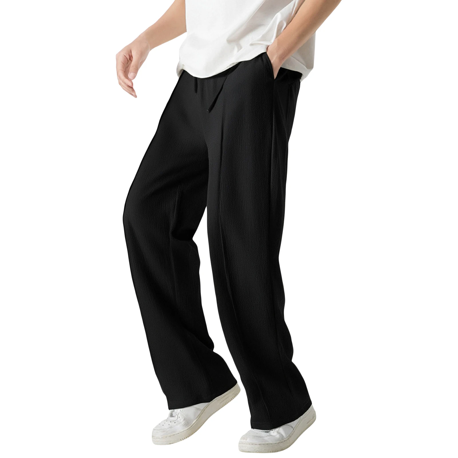

Men Casual Pants Elastic Waist Drawstring Loose Pants Trousers with Pockets for Daily