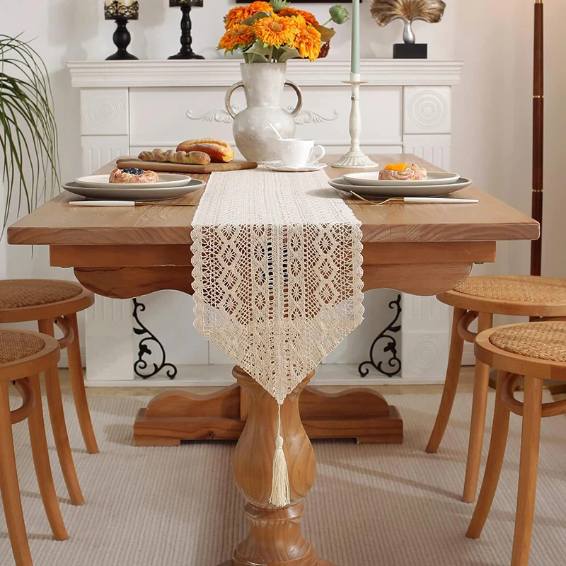 Crochet Lace Table Runner Boho Cotton Tassels Vintage Farmhouse Woven Kitchen Table Decorations for Weddings Bridal Shower Party