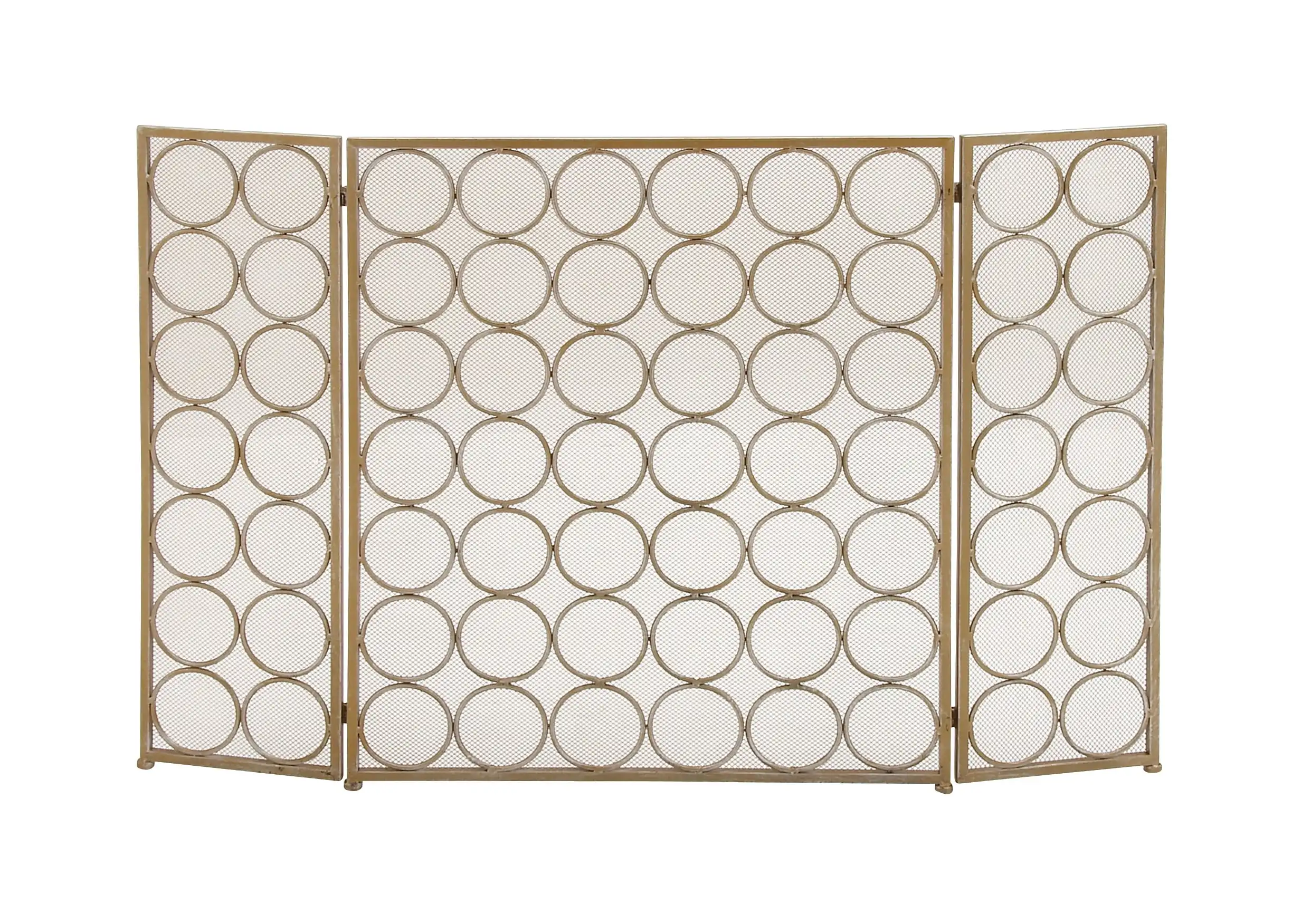 

47" x 32" Brass Metal Foldable Mesh Netting 3 Panel Geometric Fireplace Screen with Circle Pattern, 1-Piece