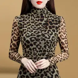 Fashion Casual Turtleneck T-shirt Vintage Leopard Spring Autumn All-match Slim Commute Female Clothing Long Sleeve Pullovers New