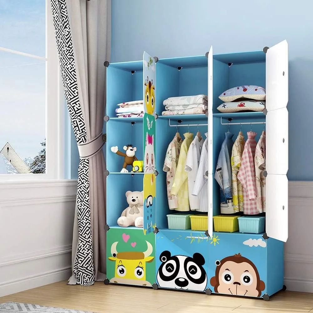 Kids Closet,Baby Wardrobe Closet with Door,Cute Portable Armoire Dresser,Clothes Hanging Storage Rack for Boy Bedroom