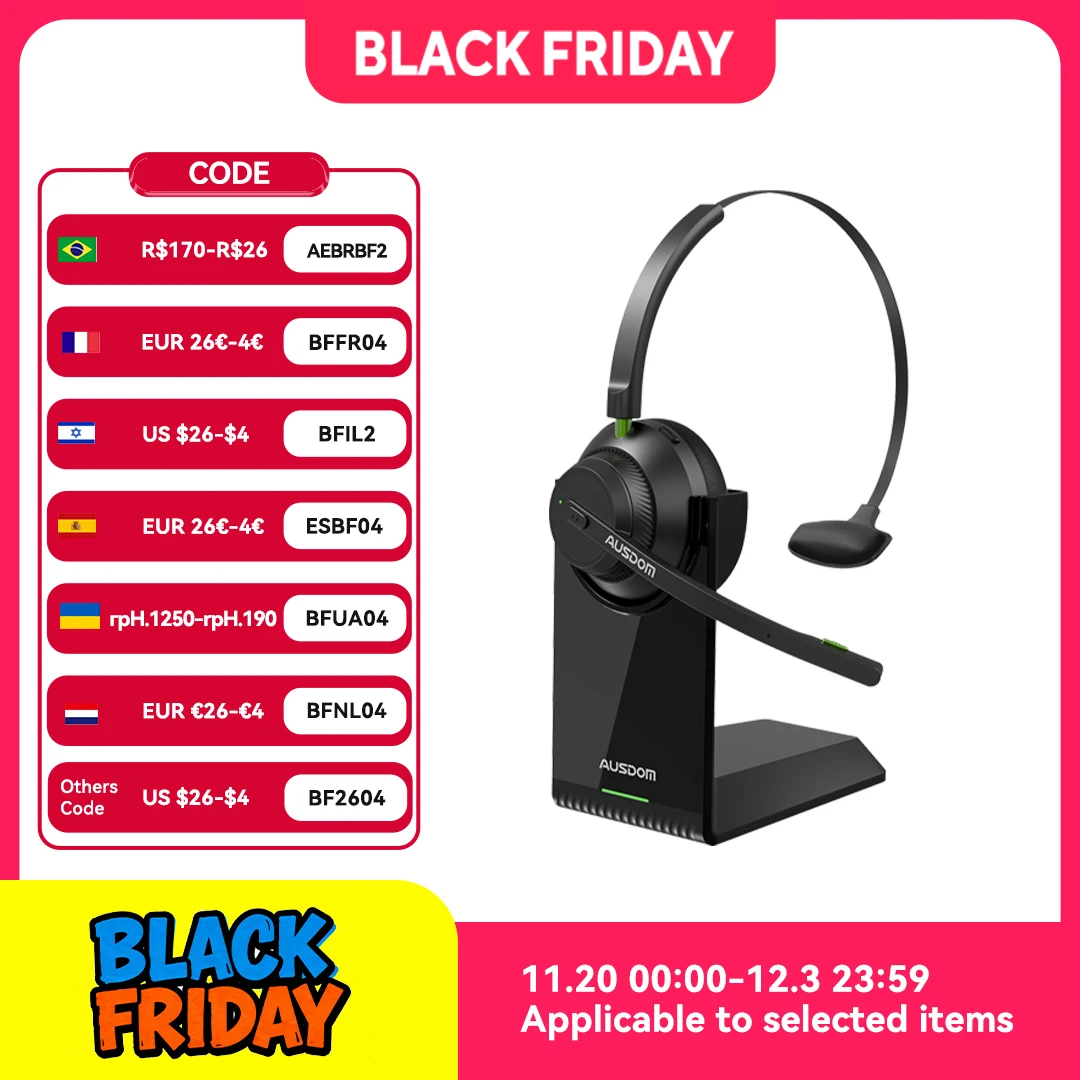 

AUSDOM A2302 Trucker Bluetooth 5.1 AI Noise Cancelling Mics Wireless Headset With Charger Stand 50h Headphones For Call Center