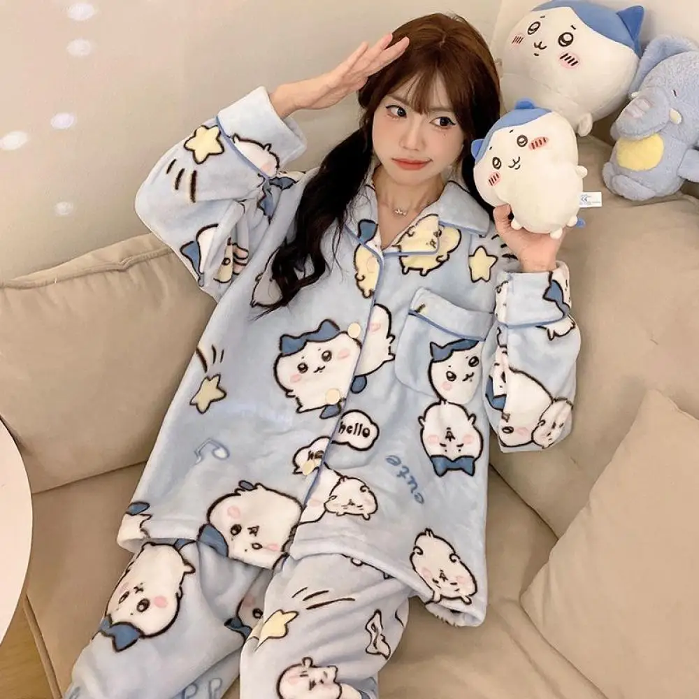 Neue Anime Weibliche Chiikawa Pyjamas Anzug Winter Hachiware Cartoon Korallen Fleece Nachtwäsche Flanell Samt Verdicken Homewear Anzug