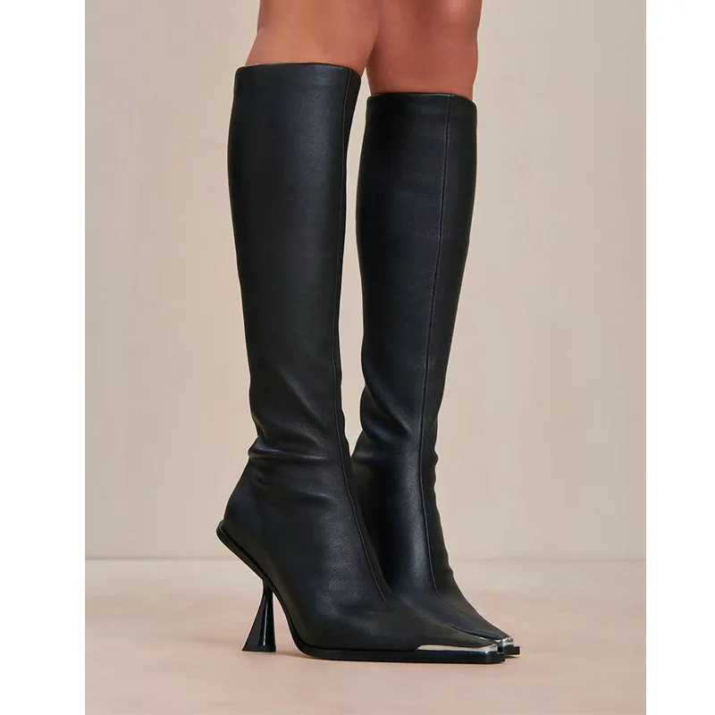 

Women's Black Leather Knee High Boots Fashionable Square Stiletto Heel Boots with Sleek Fitted Design Elegant Glamorous Footwear