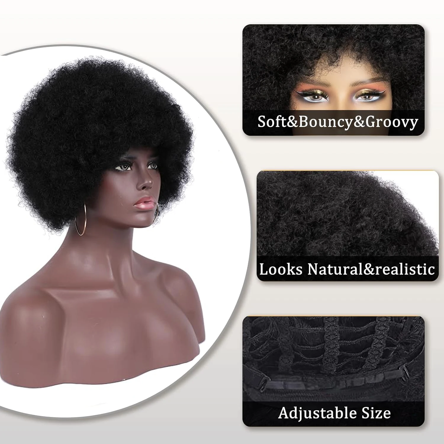 Krótkie syntetyczne peruki z kręconymi włosami Afro dla kobiet z grzywką Naturalnie wyglądające, puszyste sprężyste peruki Afro Puff na codzienną