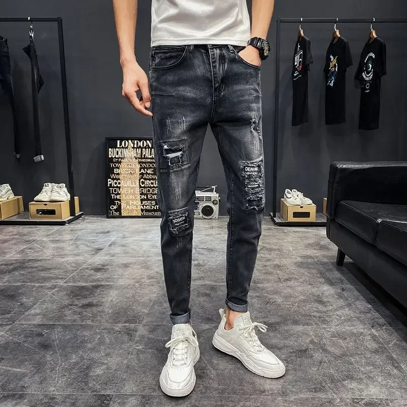 Elastic Tapered Ripped Men's Jeans Man Cowboy Pants Black with Holes Trousers Cropped Torn Broken Stretch Regular Washed Cotton