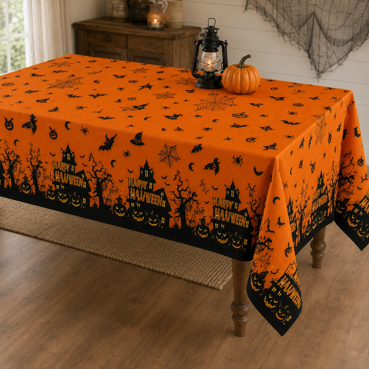 Halloween Tablecloth  Rectangular Pumpkin Ghost Tree Seasonal Washable Table Cover for Party Picnic Dinner Decor
