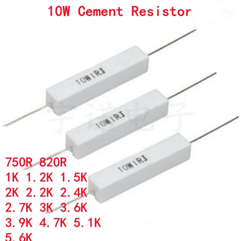 

10piece 10W 5% Cement Resistor Power Resistance 750R 820R 750 820 1K 1.2 1.5 2 2.2 2.4 2.7 3 3.6 3.9 4.7 5.1 5.6K Ohms Accurate