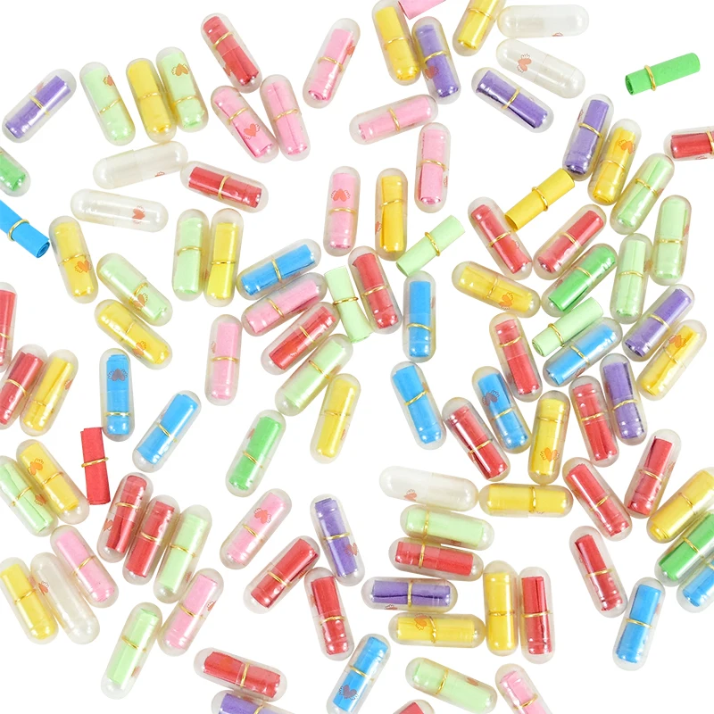Pilule d'amour avec rouleau de papier, capsules de message, notes vierges, bouteille de souhait, capsule d'émoticône, pilules molletonnées, cadeau de Leon, fête de mariage