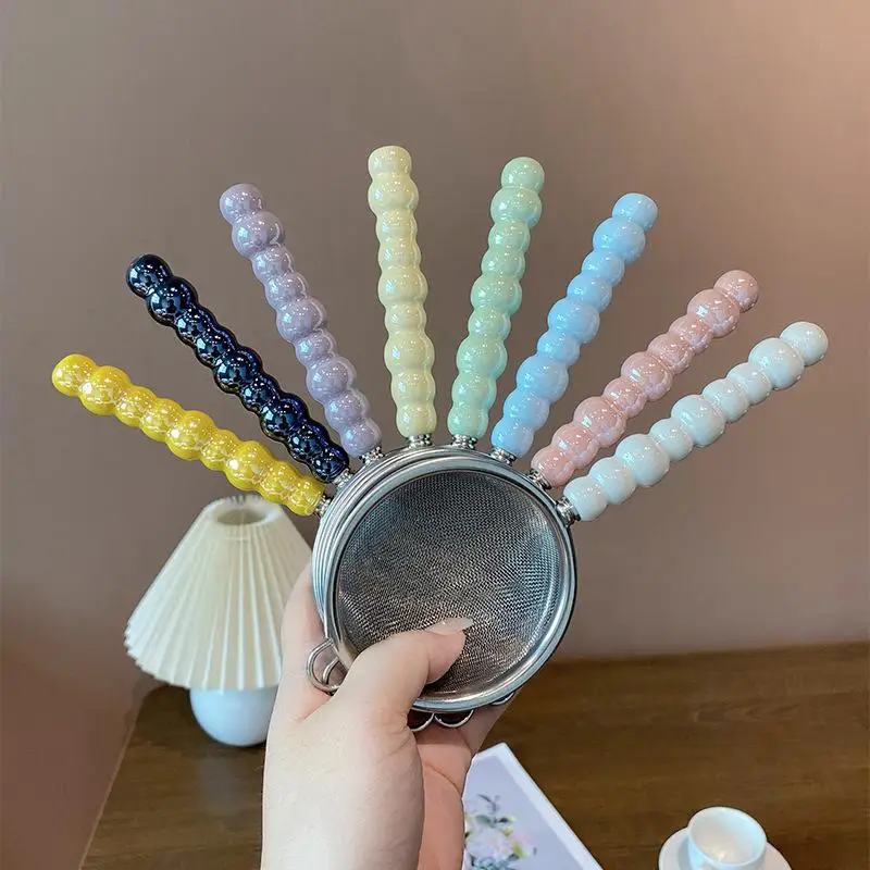 New#Tea Strainer With Pearl Ceramic Handle Stainless Steel Fine Leak Mesh Sieve Spice Tea Leaf Coffee Filters Teapot Accessories