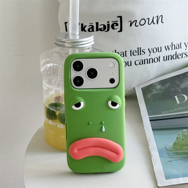 Korean 3D Funny Cartoon Frog Sausage Mouth Bracket Phone Case For iPhone 13 14 15 16 17 Pro Max Soft Silicone Shockproof Cover