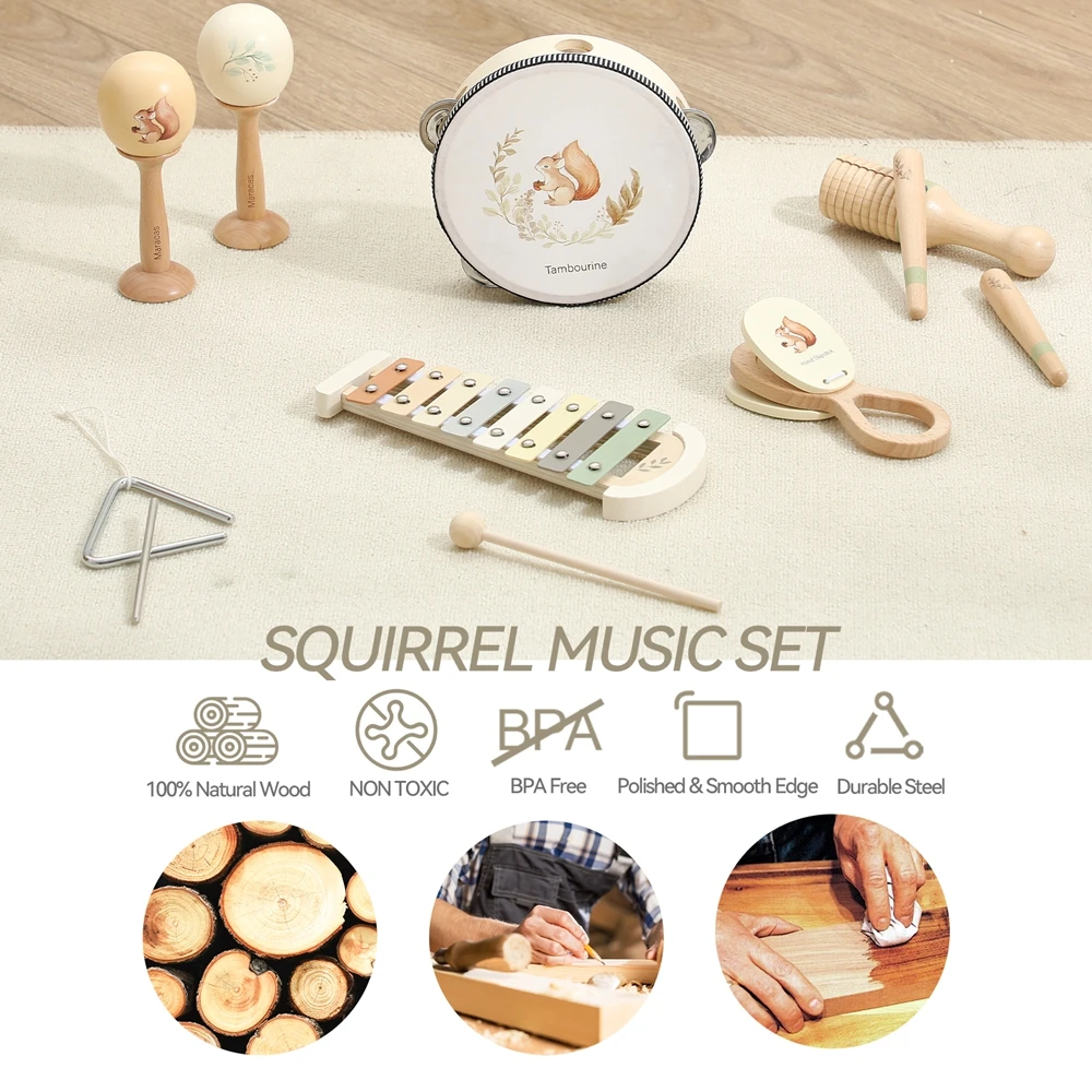 Jouets musicaux Montessori en bois pour bébé, ensemble de jouets à capteur pour enfants, SLaura rel Maracas, tambour, xylophone, éducation précoce