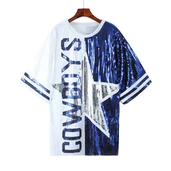 Summer New Striped Short Sleeve Letter Streetwear Sequin Loose Women's Wear Round Neck Straight Women's Long T-Shirts