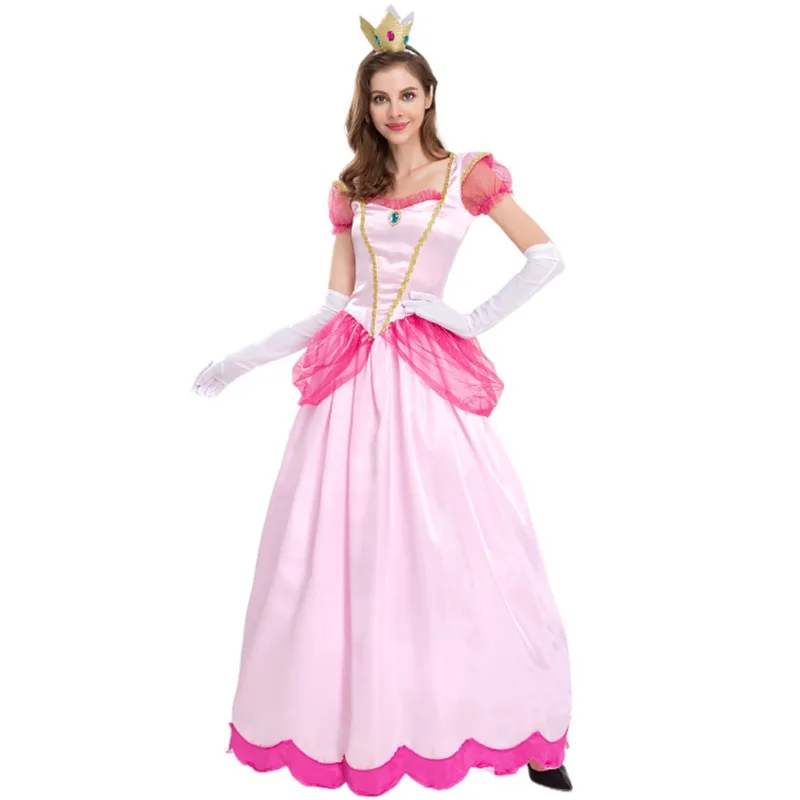 Disfraz de princesa Peach para niños y adultos, Vestido de manga abullonada con corona de hadas, para Halloween, Navidad, Carnaval, Cosplay