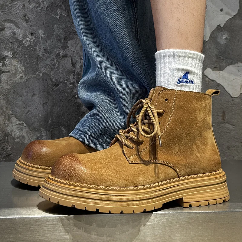 

High Quality Mens High Top Boots Chunky Sole Work Boots Breathable Lace Up Ankle Boots Comfortable Unisex Couple Shoes for Men