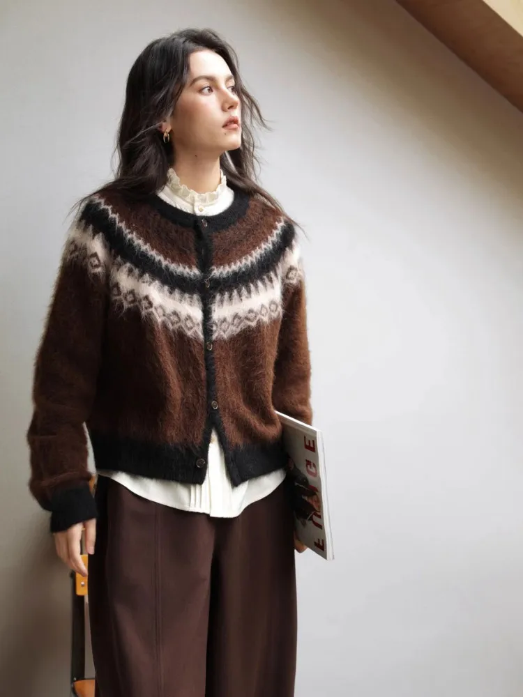 CHEERART-cárdigans marrones peludos de Fair Isle nórdico para mujer, suéter con botones, prendas de punto, suéter cálido Vintage para invierno, abrigo 2025