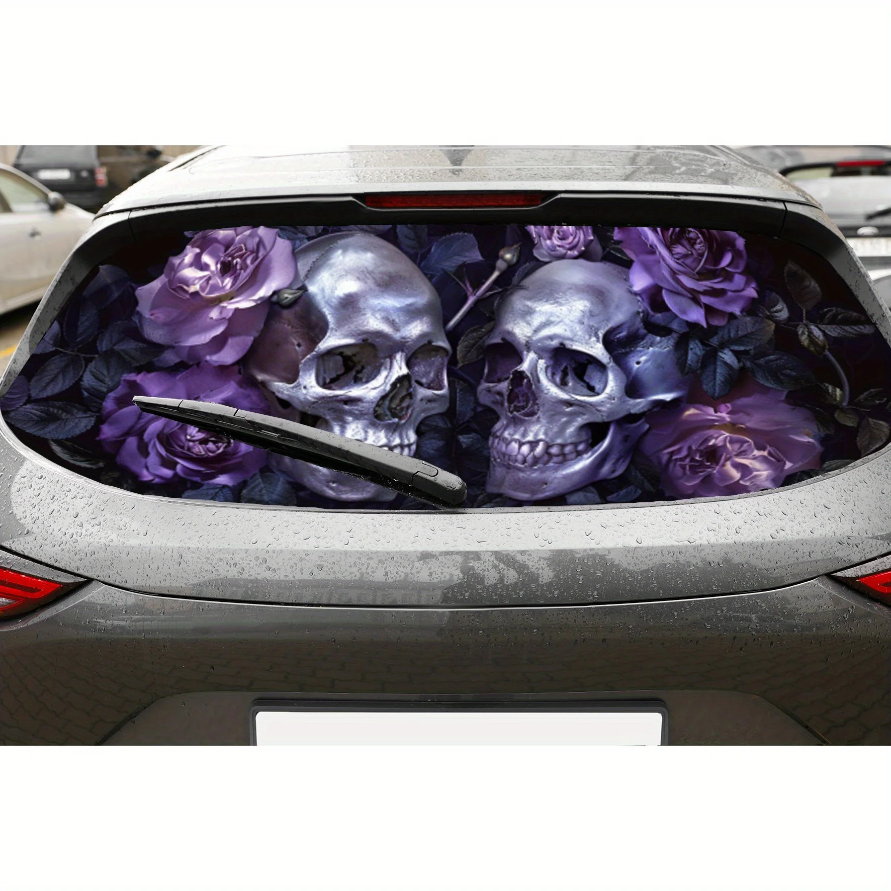 Romantic Purple Rose and Skull PVC Perforated Car Vinyl Wraps, Privacy Enhancing Design for Rear Window, Car Rear Windshield Sti