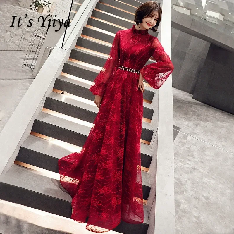 

It's Yiiya Evening Dress Burgundy Lace High Collar Full Sleeve Zipper Back A-line Floor Length Plus size Women Party Formal Gown